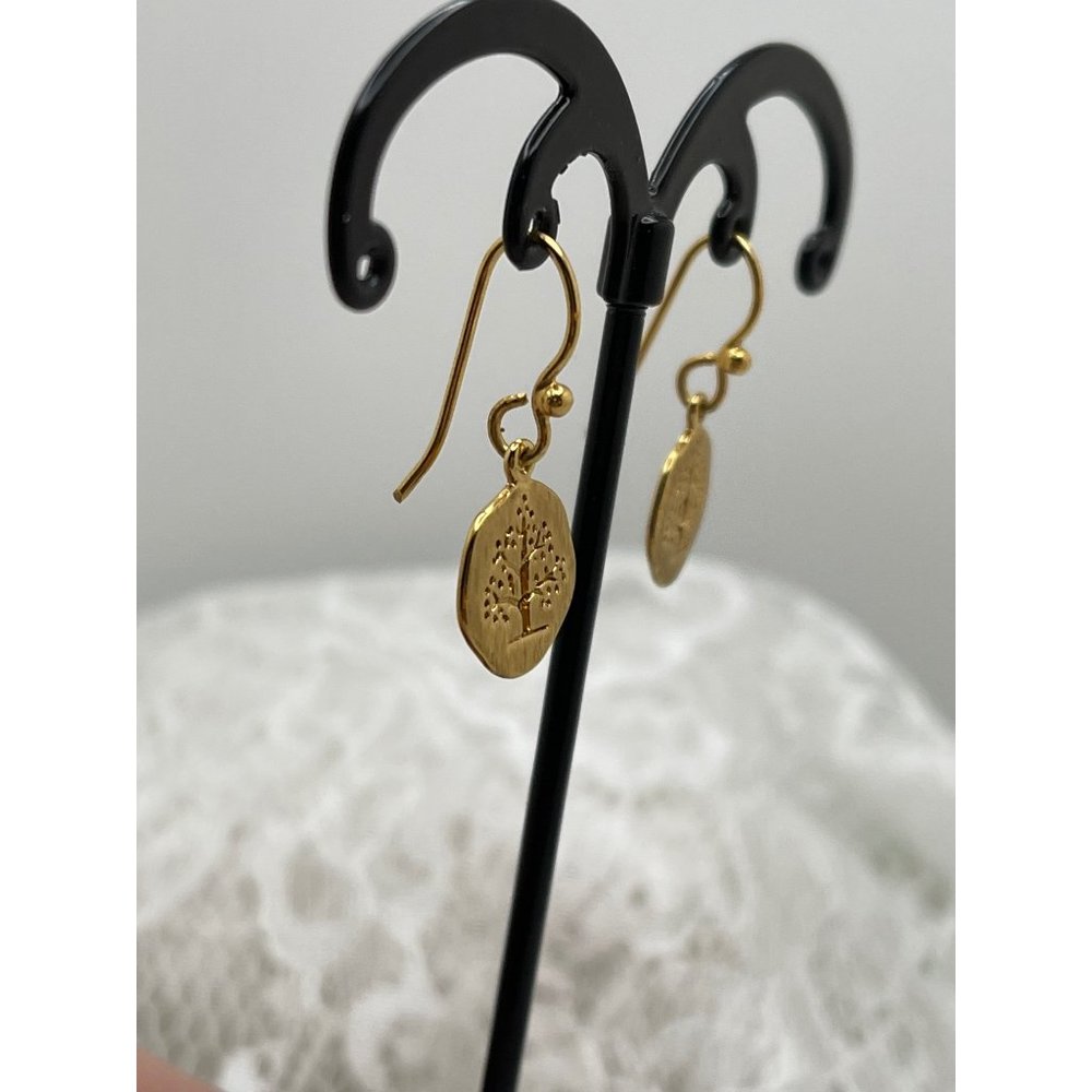 Gold Tone Tree Engraved Round Dangle Earrings - Picture 9 of 12